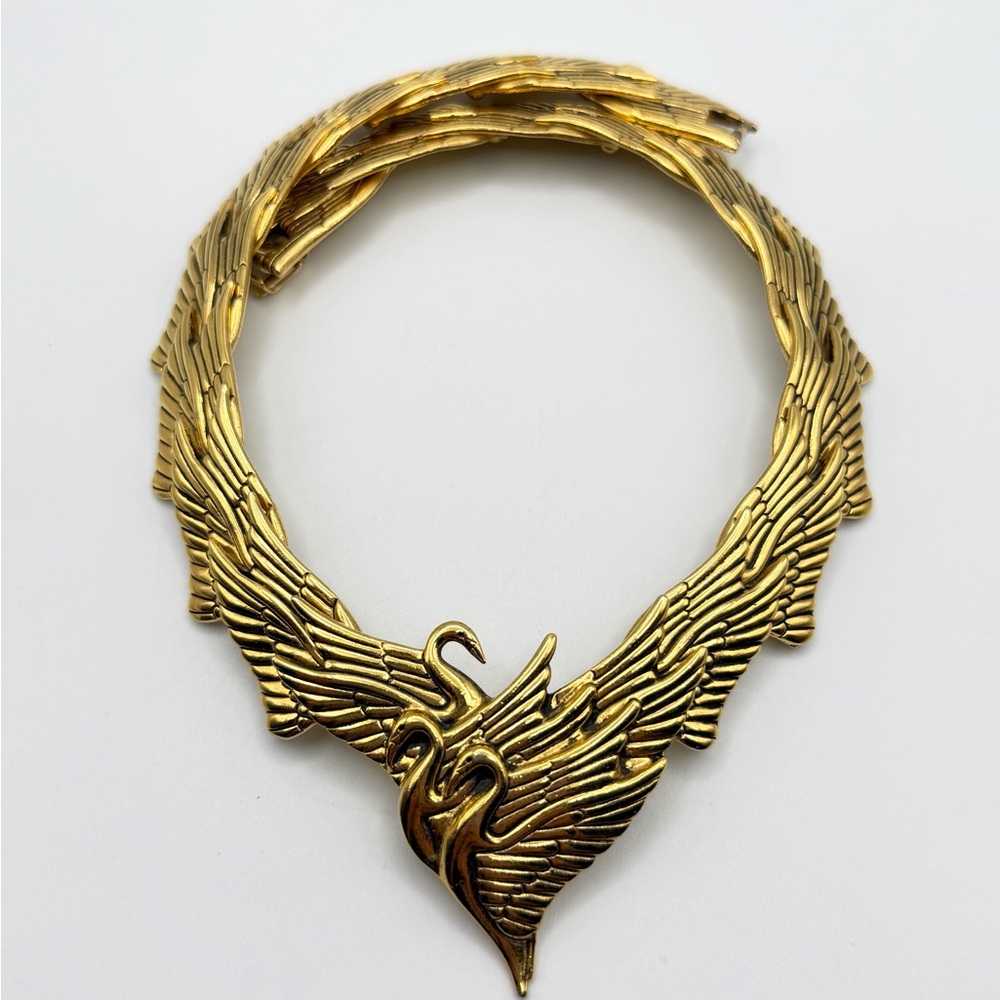 Vintage 80s Laurel Burch Swan Wing Gold Tone Choker Collar Necklace 16” - Picture 2 of 15